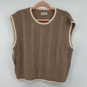 BE COOL Light Brown with Cream Hem Lines Cable Knit Sweater Vest SizeM/L
